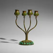 Blown-out candelabrum by Tiffany Studios, c. 1910, patinated bronze, hand-blown glass, sold Mar 2026