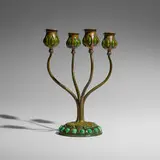 Blown-out candelabrum by Tiffany Studios, c. 1910, patinated bronze, hand-blown glass, sold Mar 2026