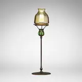 Tiffany Studios, Blown-out candlestick with shade, c. 1910, patinated bronze, hand-blown Favrile glass, hand-blown glass