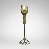 Tiffany Studios, Blown-out root candlestick with pulled-feather shade, c. 1910, patinated bronze, hand-blown Favrile glass, patinated and acid-etched bronze, hand-blown glass