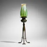 Tiffany Studios, Jeweled candlestick with pulled-feather shade, c. 1910, patinated bronze, hand-blown Favrile glass