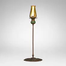 Tiffany Studios, Blown-out Queen Anne's Lace candlestick with candle shade, c. 1910, patinated bronze, hand-blown Favrile glass, hand-blown glass