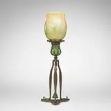 Tiffany Studios, Tripod candlestick with snuffer and ribbed pulled-feather shade, c. 1910, patinated bronze, hand-blown Favrile glass, hand-blown glass