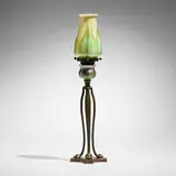Tiffany Studios, Early Cat's Paw candlestick with pulled-feather shade and cup, c. 1900, patinated bronze, hand-blown Favrile glass