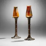 Tiffany Studios, Bamboo candlesticks with reactive shades, pair, c. 1910, patinated bronze, hand-blown Favrile glass