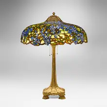 Duffner & Kimberly, Rare Wisteria table lamp, c. 1910, leaded glass, gilt bronze