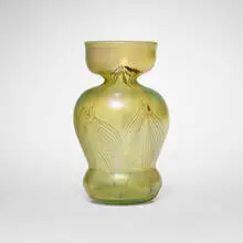 Early experimental pulled-feather vase with cupped top by Tiffany Studios, c. 1895, hand-blown Favrile glass, sold Mar 2026