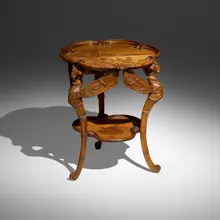 Exceptional Libellules marquetry table by Émile Gallé, c. 1900, oak, burl, mixed wood inlay, sold Mar 2026