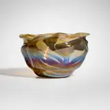 Early decorated reactive bowl by Tiffany Studios, c. 1892-93, hand-blown Favrile glass, sold Mar 2026