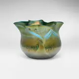 Early experimental ruffled vase by Tiffany Studios, c. 1895, hand-blown Favrile glass, sold Mar 2026