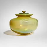 Rare and Early covered jar by Tiffany Studios, c. 1895, hand-blown Favrile glass, sold Mar 2026