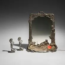 Charles Théodore Perron, Illuminated figural mirror and candlesticks, pair, c. 1900, patinated metal, silvered bronze, mirrored glass, glass