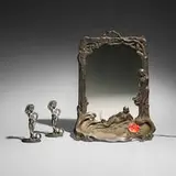 Charles Théodore Perron, Illuminated figural mirror and candlesticks, pair, c. 1900, patinated metal, silvered bronze, mirrored glass, glass