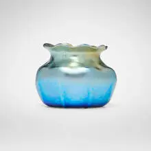 Early ribbed cabinet vase by Tiffany Studios, c. 1898, hand-blown Favrile glass, sold Mar 2026
