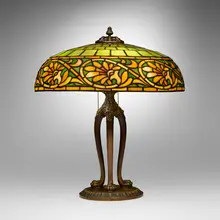 Duffner & Kimberly, Greek table lamp, c. 1910, leaded glass, patinated metal