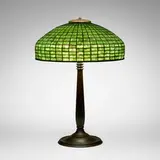 Tiffany Studios, Geometric table lamp, c. 1910, leaded glass, patinated bronze