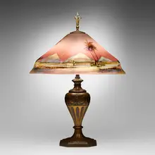 Pairpoint, Garden of Allah table lamp, c. 1915, reverse-painted frosted glass, patinated metal, crystal, gilt metal