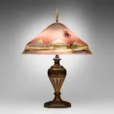 Pairpoint, Garden of Allah table lamp, c. 1915, reverse-painted frosted glass, patinated metal, crystal, gilt metal