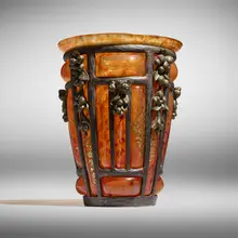 Vase by Daum and Majorelle, c. 1920, hand-blown glass with gold leaf, bronze, wrought iron, sold Mar 2026