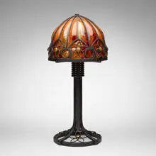 Daum, Lamp shade, c. 1920, hand-blown glass with gold inclusions, wrought iron