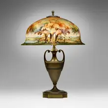 Pairpoint, Scenic table lamp, c. 1915, reverse-painted frosted glass, patinated metal