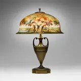 Pairpoint, Scenic table lamp, c. 1915, reverse-painted frosted glass, patinated metal
