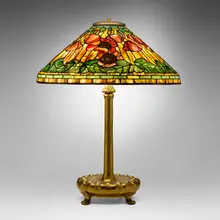 Tiffany Studios, Poppy table lamp, c. 1920, leaded glass, acid-etched and gilt bronze