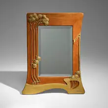 Walter Scherf, Art Nouveau mirror, c. 1900, brass, mahogany, mirrored glass