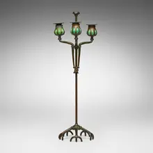 Adjustable three-light candelabrum with snuffer by Tiffany Studios, c. 1900, patinated bronze, hand-blown glass, sold Mar 2026