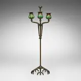 Tiffany Studios, Adjustable three-light candelabrum with snuffer, c. 1900, patinated bronze, hand-blown glass