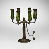 Tiffany Studios, Six-arm candelabrum with snuffer, c. 1910, patinated bronze, hand-blown glass