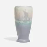 Banded scenic Vellum vase with sailing ships near port by Sallie Coyne for Rookwood Pottery, sold Nov 2024
