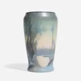 Scenic Vellum vase with trees and reflective pool by Fred Rothenbusch for Rookwood Pottery, sold Nov 2024