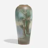 Tall banded scenic Vellum vase with lake and trees by Fred Rothenbusch for Rookwood Pottery, sold Nov 2024