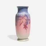 Tall Double Vellum/Decorated Mat vase with woodbine leaves and berries by Elizabeth N. Lincoln for Rookwood Pottery, sold Nov 2024