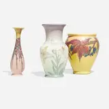 Double Vellum vase and two Decorated Mat vases by Rookwood Pottery, sold Nov 2024