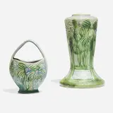 Roseville Pottery, Forest (Vista) lamp vase and basket