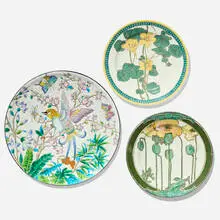 Longwy, Aesthetic Movement charger with cherry tree, ferns, exotic bird and butterflies, c. 1910, glazed faience