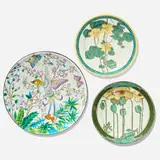 Longwy, Aesthetic Movement charger with cherry tree, ferns, exotic bird and butterflies, c. 1910, glazed faience