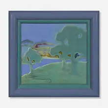 Hildegarde Fried for North Dakota School of Mines, Rare landscape plaque with trees and water, c. 1920, glazed earthenware