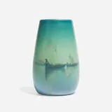 Marine scenic Vellum cabinet vase with Venice harbor and sailboats by Carl Schmidt for Rookwood Pottery, sold Nov 2024