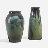Decorated Porcelain vases with irises, set of two by Carl Schmidt for Rookwood Pottery, sold Nov 2024