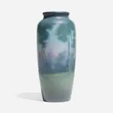 Scenic Vellum vase with tree-lined twilight landscape by Elizabeth McDermott for Rookwood Pottery, sold Nov 2024