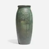Scenic Vellum vase with Tonalist forest landscape by Edward T. Hurley for Rookwood Pottery, sold Nov 2024