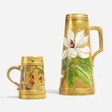 Early tankard with magnolia and mug with barberry by A.C. Boyl for Rookwood Pottery, sold Nov 2024