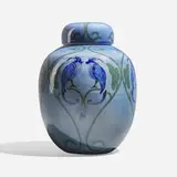 Rare lidded jar with blue jay magpies and foliate motifs by Freida Louise Hammers, sold Nov 2024