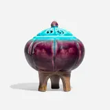 Rare incense burner with stained glass-effect grain-de-riz decoration by Leon Volkmar for Durant Kilns, sold Nov 2024