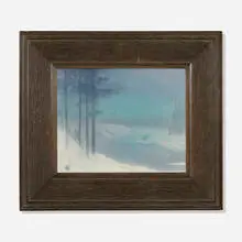 Sallie Coyne for Rookwood Pottery, Frost River (scenic Vellum plaque), c. 1910, glazed earthenware, original frame