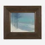 Frost River (scenic Vellum plaque) by Sallie Coyne for Rookwood Pottery, c. 1910, glazed earthenware, original frame, sold Nov 2024