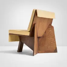 Frank Lloyd Wright, Lounge chair from the George Sturges House, Los Angeles, 1939, cypress, upholstery, copper